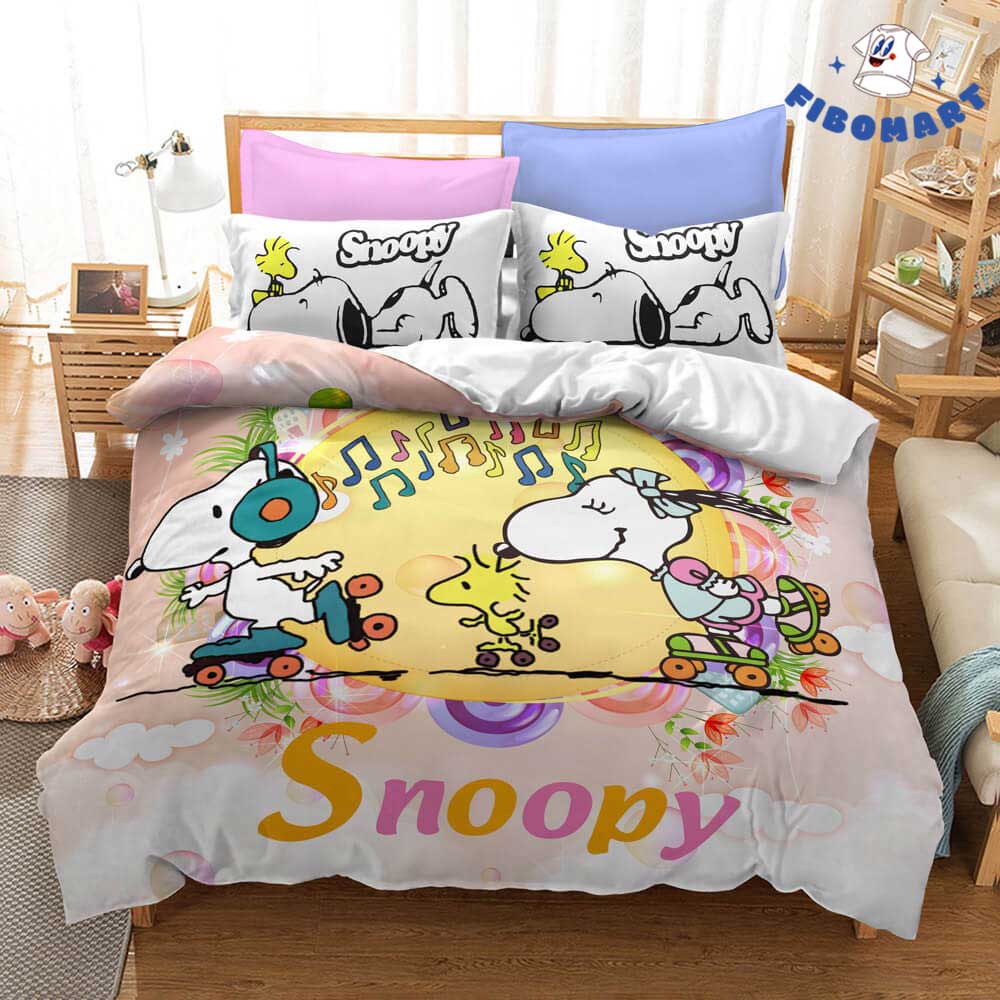 Couple Snoopy And Woodstock Playing Patin Bedding Set