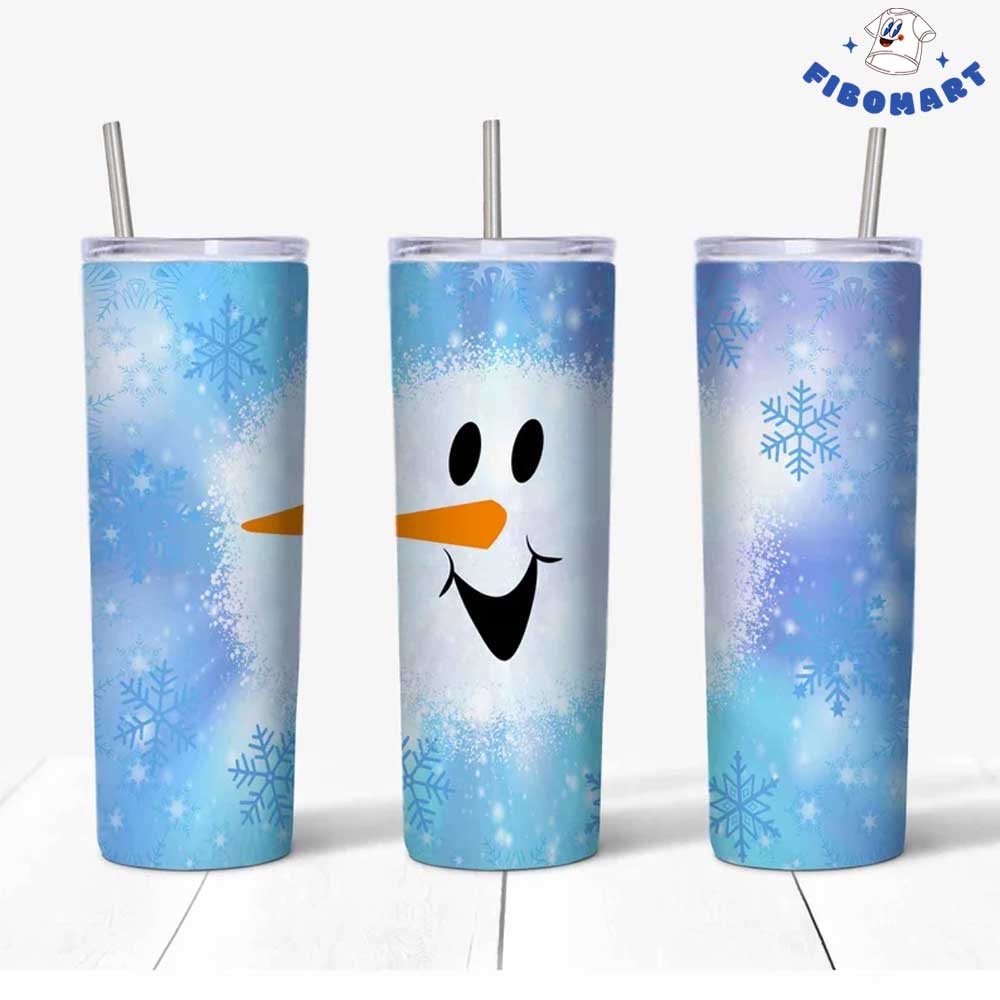 Cute Snowman Face Blue Snowflake Christmas Skinny Tumbler