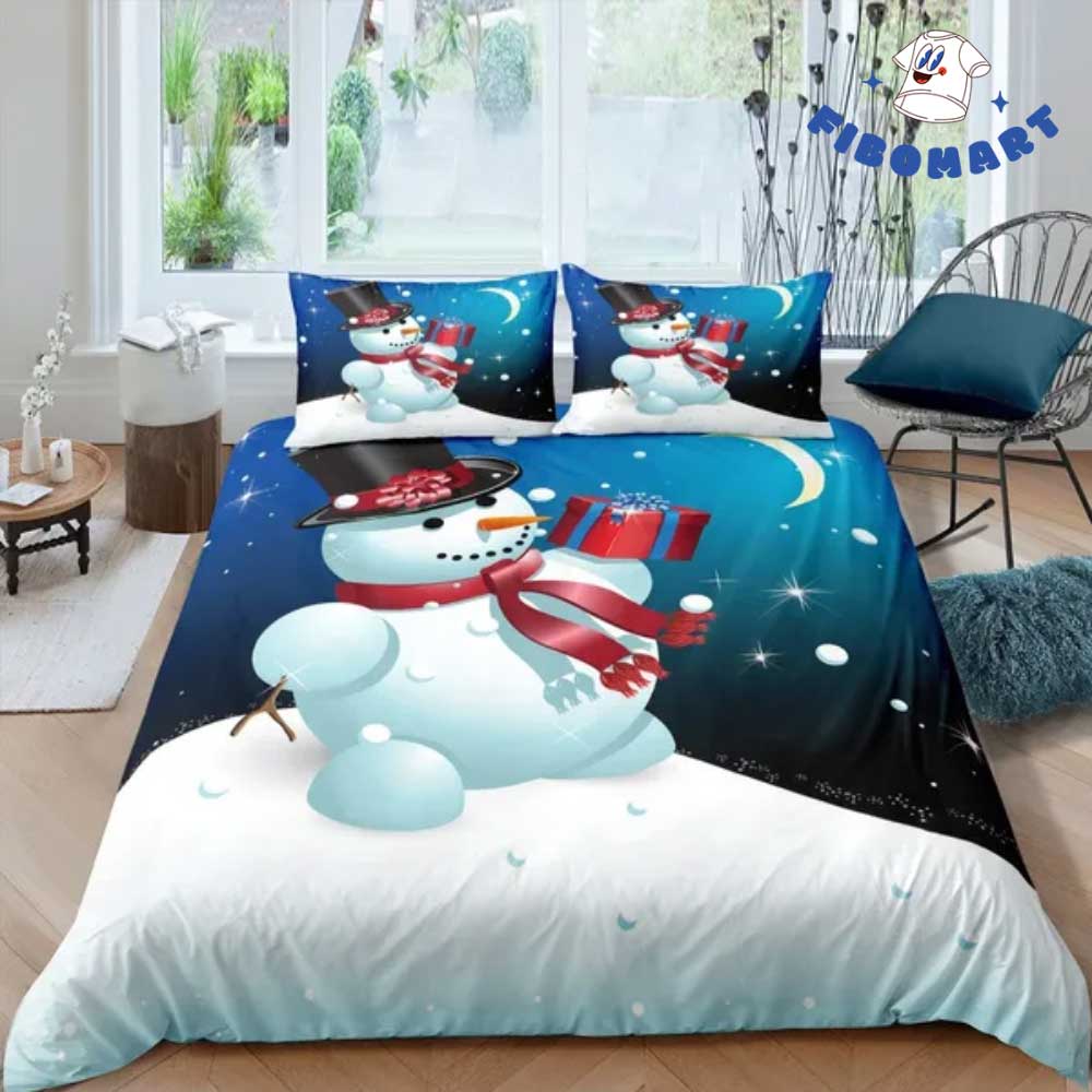 Cute Snowman Hold A Gift Christmas Bedding Set