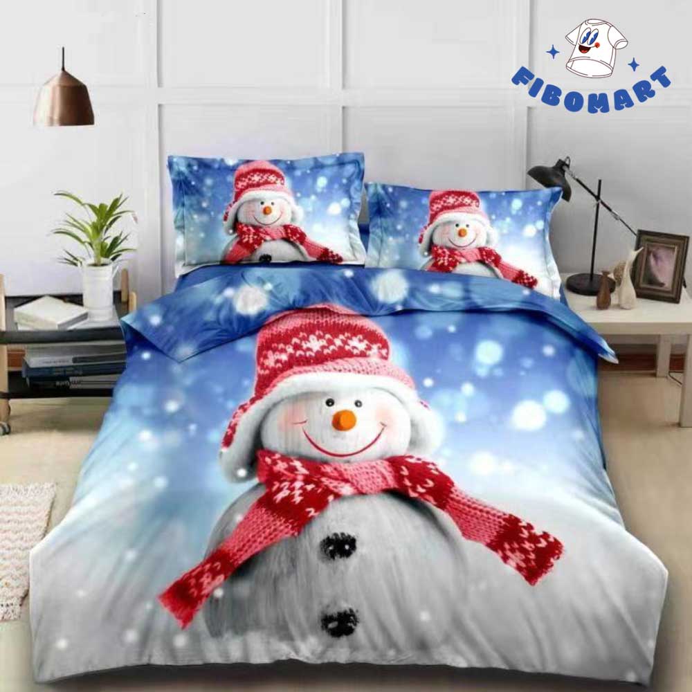 Cute Snowman Wearing A Red Scarf Bedding Set