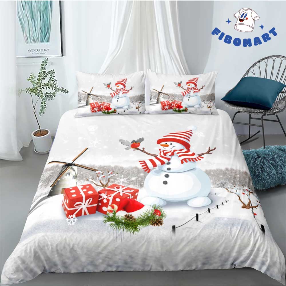 Funny Snowman Christmas Gift Windmill Bedding Set