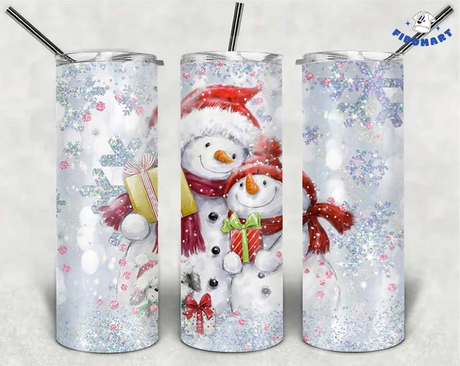 Happy Snowman Family Hold Gift Christmas Snowflake Skinny Tumbler