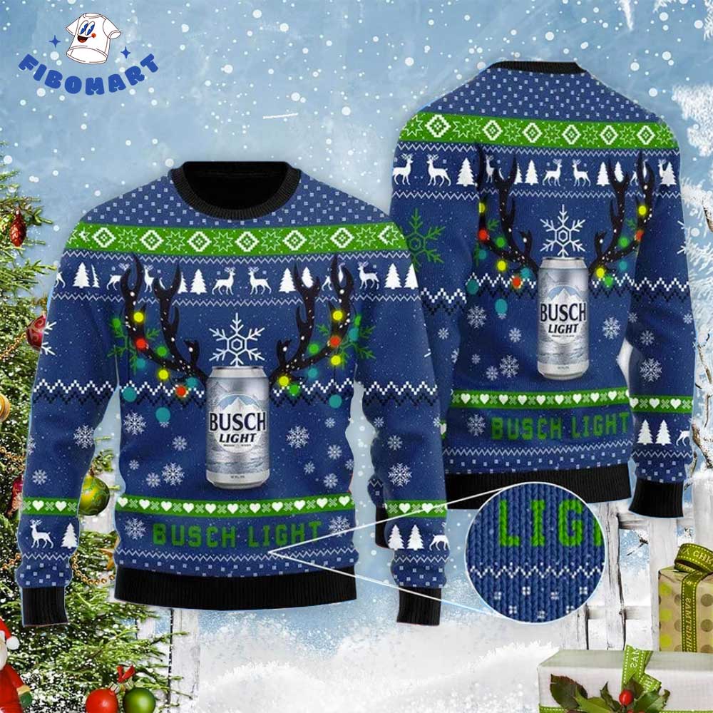 Light Antlers Deer Busch Light Snowflakes Ugly Christmas Sweater