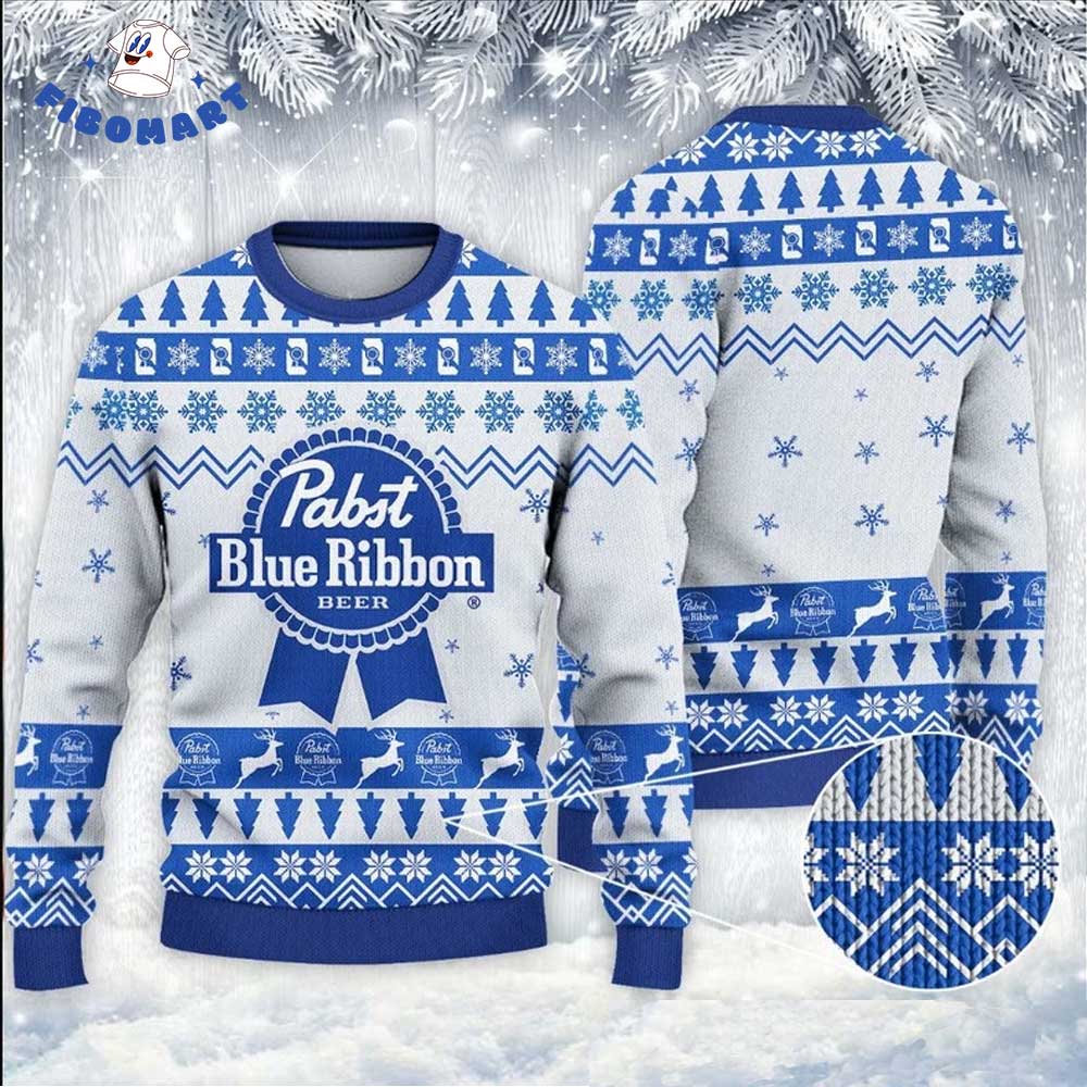 Pabst Blue Ribbon Deer Snowflakes Ugly Christmas Sweater