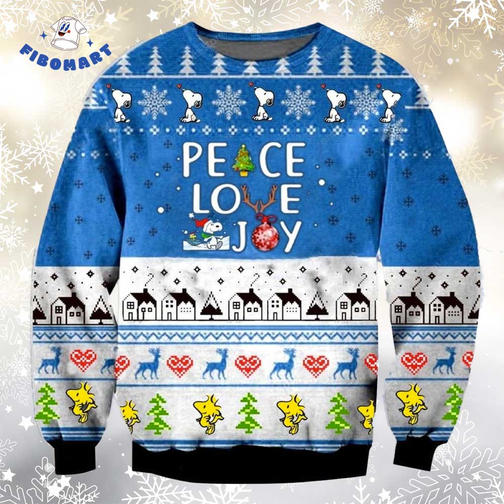 Peace Love Joy Snoopy Santa Hat And Woodstock Reindeer Ugly Christmas Sweater