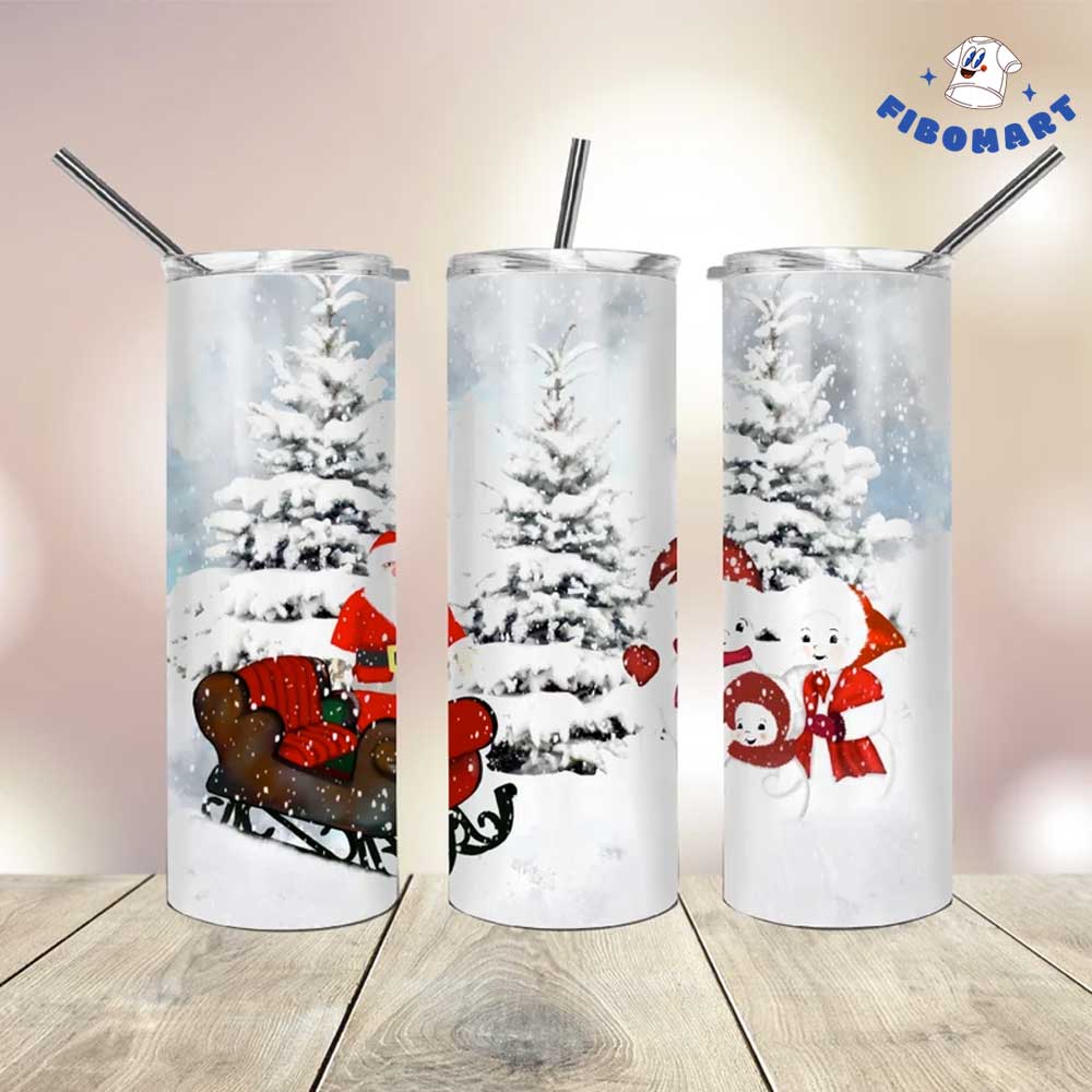 Santa On His Sleigh And Snowman Family In Winterfall Skinny Tumbler
