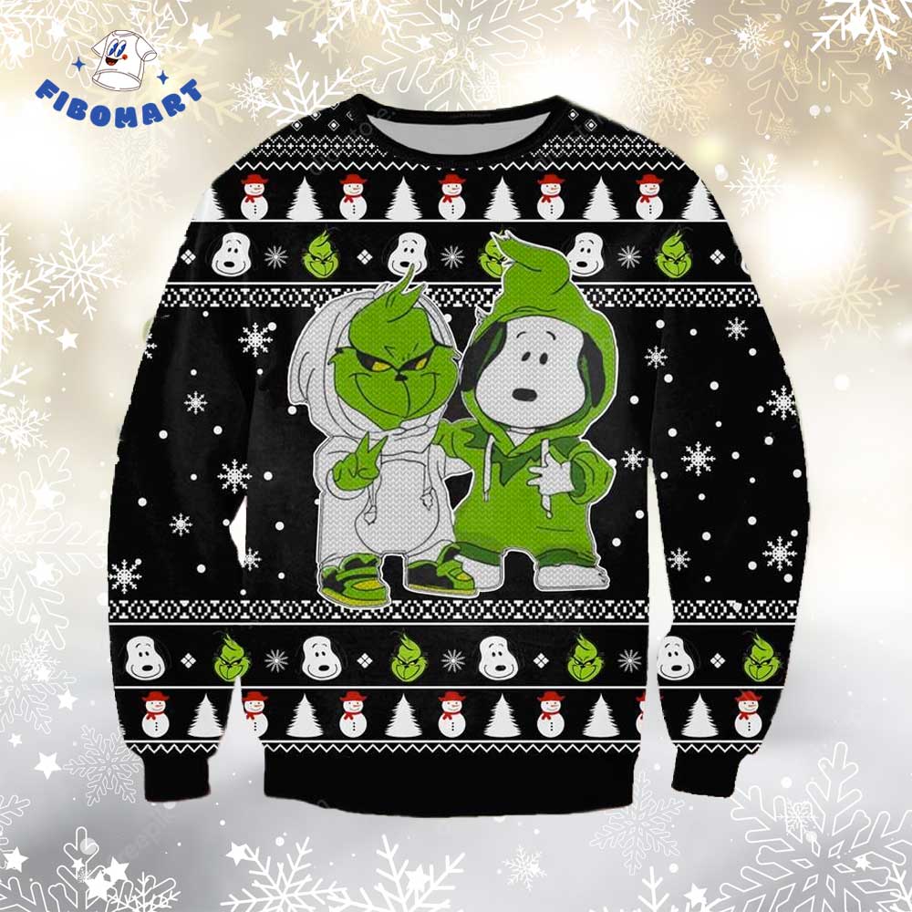 Snoopy And Grinch Shoulder To Shoulder Snowflake Snowman Ugly Christmas Sweater