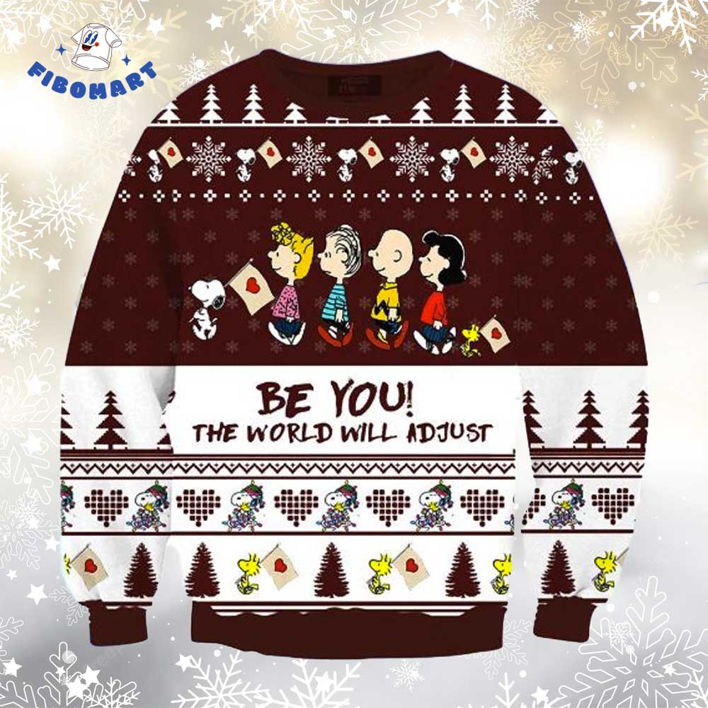 Snoopy And Woodstock Bring Heart Flag Be You The World Will Adjust Christmas Sweater Ugly Charlie Brown Peanut Characters Ugly Sweater