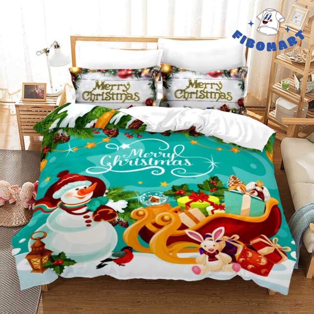 Snowman Chistmas Gifts Sleigh Merry Christmas Bedding Set