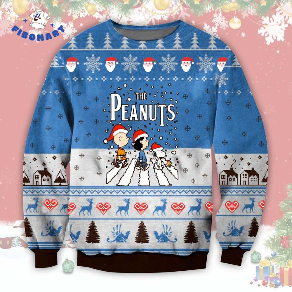 The Peanuts Road Ugly Christmas Sweater Charlie and Snoopy With Santa Hat Ugly Sweater
