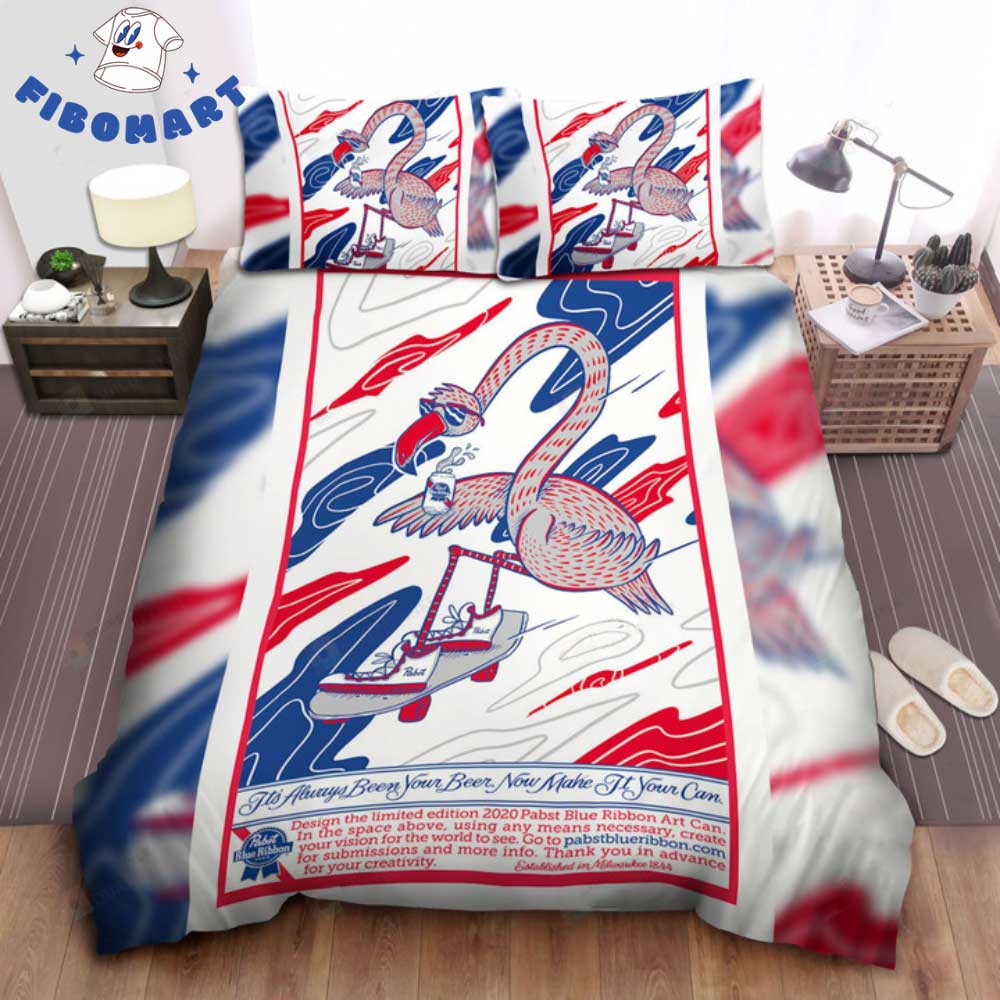 Drunken Flamingo Skateboarding Pabst Blue Ribbon Bedding Set