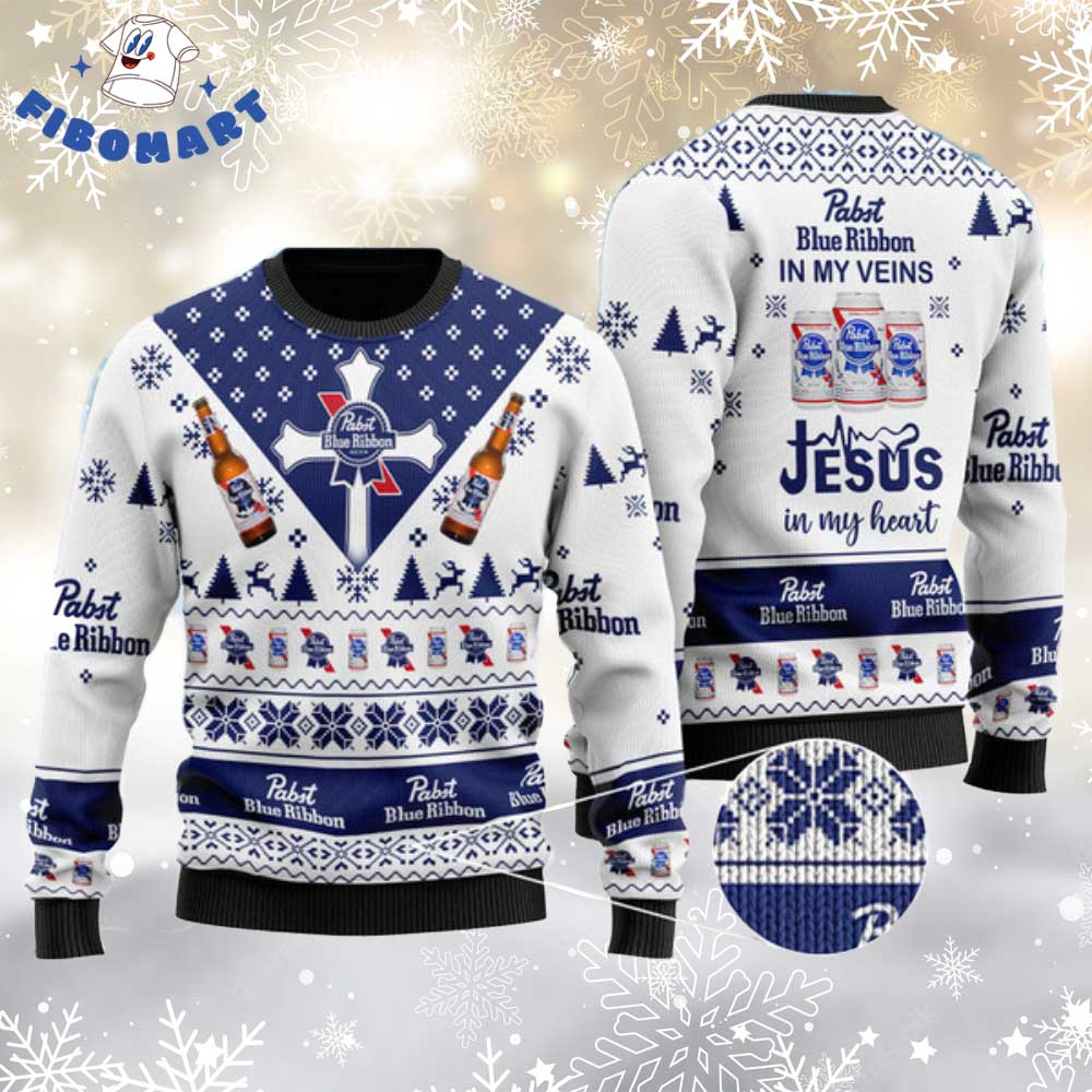 Pabst Blue Ribbon In My Veins Jesus In My Heart Ugly Christmas Sweater